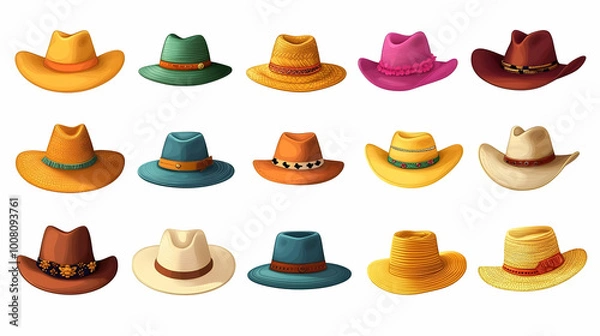 Fototapeta Set of Fifteen Stylish Hats in Various Colors and Designs