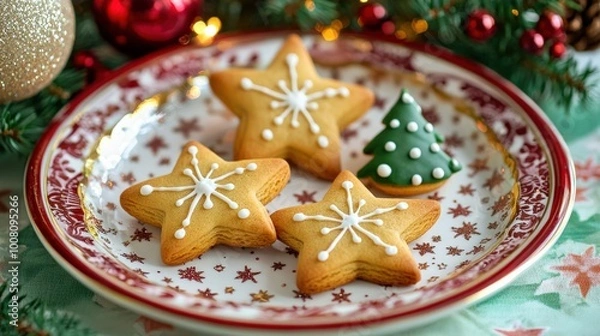 Fototapeta Christmas cookies shaped like stars and trees, beautifully arranged on a festive plate, decorated with colorful icing and sprinkles for a cheerful holiday touch
