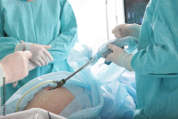 Fototapeta Laparoscopic surgery. Surgery through small holes in the abdominal cavity. A team of surgeons. Laparoscopic instruments in the hands of a surgeon. Modern surgery.