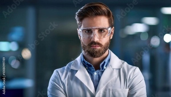Fototapeta Confident Young Scientist in a Modern Laboratory, Wearing Protective Goggles and Lab Coat, Staring Intently at the Camera, Symbolizing Research and Innovation in a High-Tech Science Environment