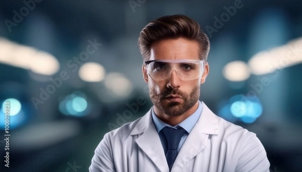 Fototapeta Confident Young Scientist in a Modern Laboratory, Wearing Protective Goggles and Lab Coat, Staring Intently at the Camera, Symbolizing Research and Innovation in a High-Tech Science Environment