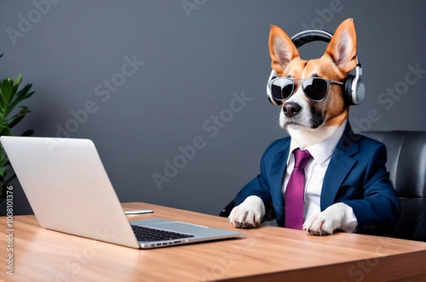 Fototapeta Dog in a business suit with headphones is sitting at a laptop, a high-quality, vivid illustration. Generative AI