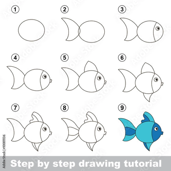 Obraz Drawing tutorial. How to draw a Cute Fish