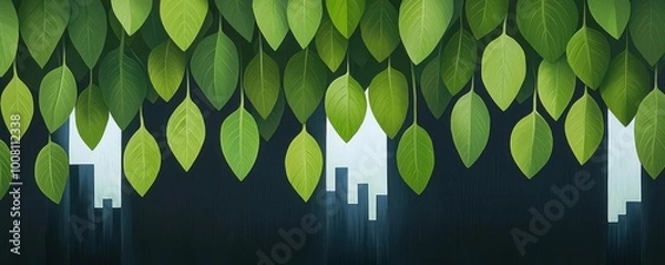 Fototapeta Abstract art showing a cityscape being overtaken by creeping green vines and leaves, representing the renewal of urban spaces in spring, urban greenery, spring rejuvenation