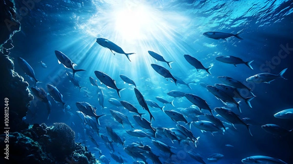 Fototapeta A School of Fish Swimming in the Blue Ocean Water with Sunbeams Shining Through