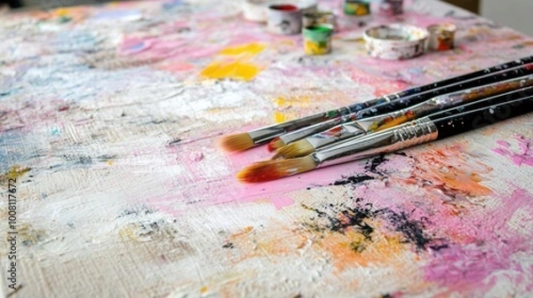 Fototapeta A close up of paint brushes on a table
