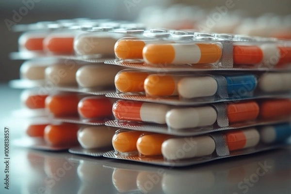 Fototapeta Closeup of multiple blister packs of pills stacked on a table.