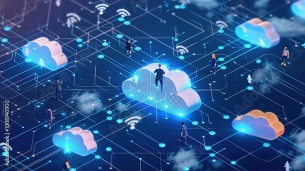 Fototapeta People Using Smart Devices to Connect to Secure Internet and Cloud Technology