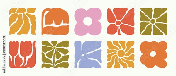 Obraz Abstract Flowers in Groovy Retro Style. Modern Floral Illustration. Vector Square Botanical Icons in Freehand Naive Art for Logo, Print, Pattern, Poster, Web Design