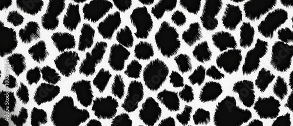 Obraz a black and white pattern resembling cow hide or dalmatian spots. It consists of irregular black splotches on a white background, creating a high-contrast abstract design. Generative AI