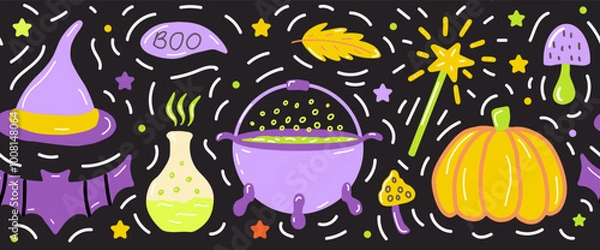 Obraz Halloween witch items colorful hand-drawn banner design. Seamless vector holiday illustration
