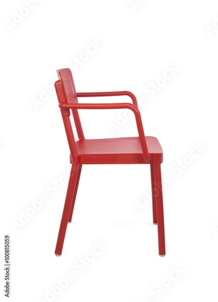 Obraz Red Plastic Outdoor Cafe Chair on White Background, Side View