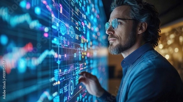 Fototapeta Caucasian man analyzing data on digital screen in office, concept of artificial intelligence technology