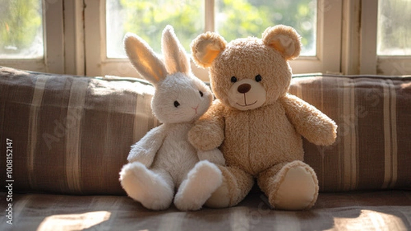 Fototapeta A stuffed toy of a rabbit and a bear hugging, Bright scenery, Urban 