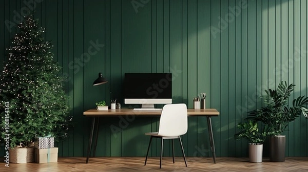 Fototapeta Stylish home office with green walls, a wooden desk, computer, chair, and potted plants for a cozy working environment.