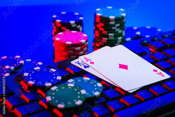 Fototapeta A vibrant arrangement of poker chips and playing cards on a gaming keyboard with a mouse at an online casino setup during the evening
