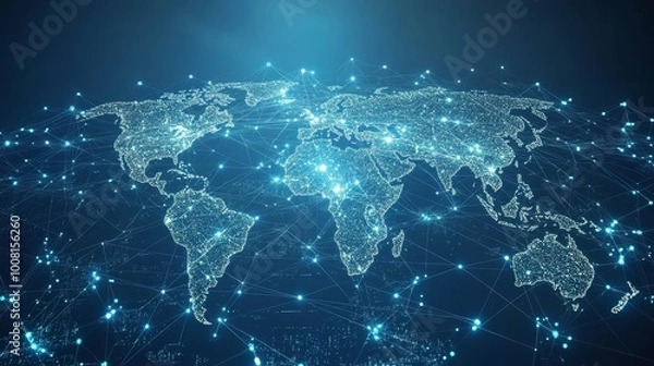 Fototapeta The digital world map on a light blue background displays global network connectivity and technological advancements. Reflect the concept of connecting modern economies through generative AI.