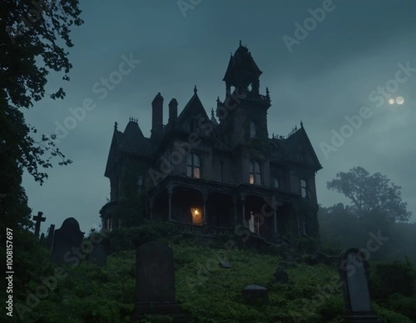 Fototapeta Creepy Abandoned Halloween Manor. Ghostly Figures and Fog Surrounding a Crumbling Abandoned Manor at Night