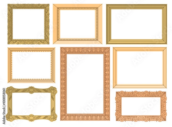 Fototapeta Set of golden ornamented frames. Place for portraits, landscapes and still lifes. Expensive framing for a mirror, painting or photograph. Place for text. Flat vector illustration.