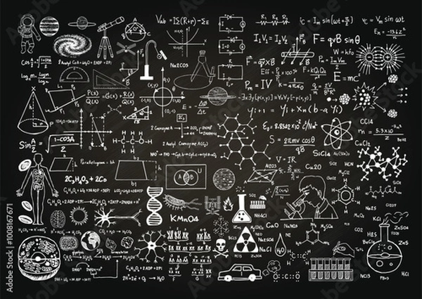 Fototapeta Hand drawn science on chalkboard. Vector illustration.