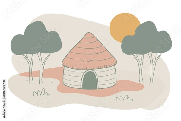 Fototapeta Village Nature Landscape Scene: Vector Art of Mud Hut Surrounded by Trees