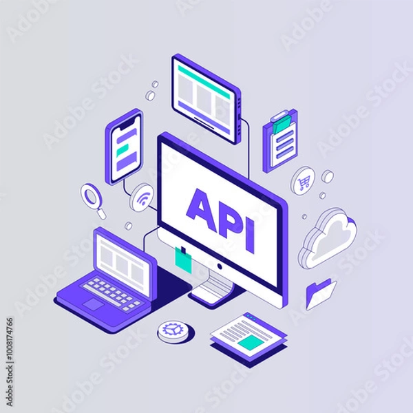 Fototapeta API Software Integration concept. Isometric vector illustration