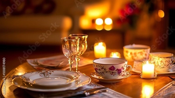 Fototapeta Romantic Candlelit Dinner: A cozy and intimate setting for a special occasion, featuring a beautifully set table with delicate china, shimmering glasses, and warm candlelight.  