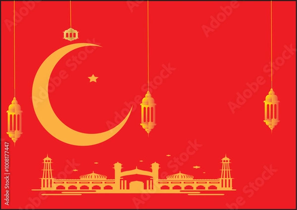 Fototapeta moon and mosque icons and Islamic lights with red rickshaw backgrounds