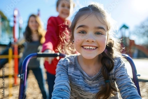 Fototapeta Happy girl playing on merry-go-round at playground with friends
