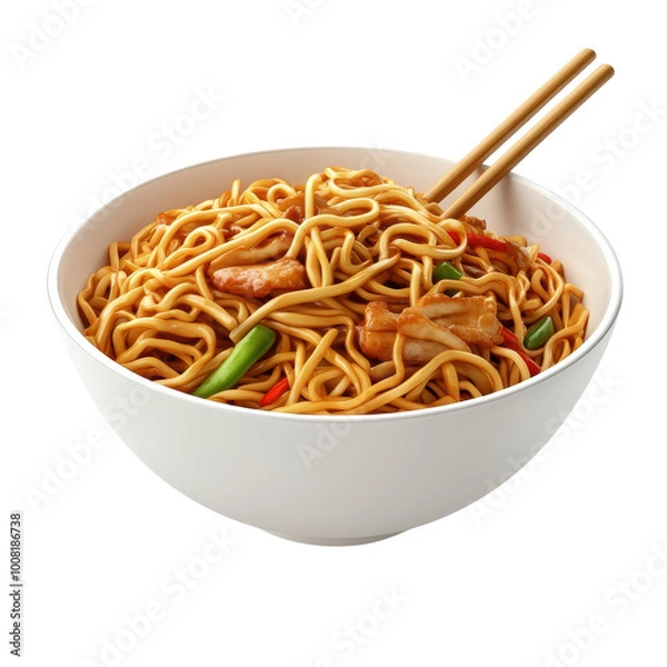 Obraz Delicious noodles with chicken and vegetables in white bowl isolated on a white background, transparent background.