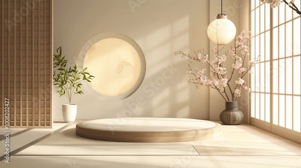 Fototapeta Tranquil japanese-inspired interior with round platform and cherry blossoms in soft natural light