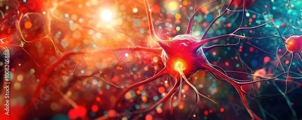 Fototapeta Vibrant close-up of a neuron showcasing intricate details and colorful connections in a neural network, symbolizing brain activity.