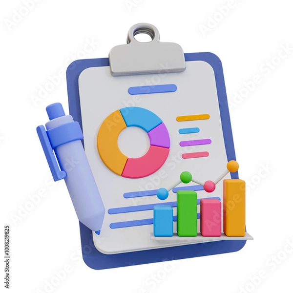 Fototapeta 3D illustration of a clipboard displaying colorful pie and bar charts, symbolizing data analysis, business reports, and performance metrics.