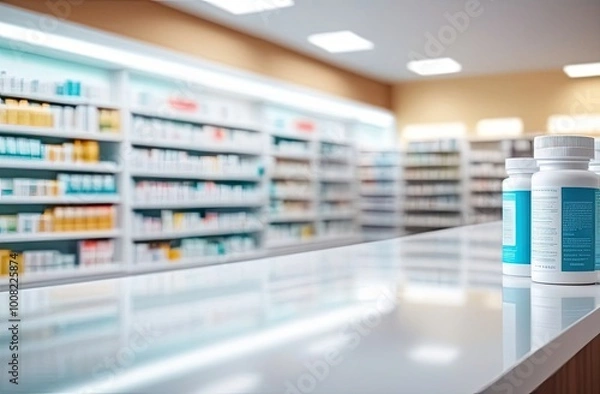 Fototapeta Empty white table with pharmacy shelves in background, product display mockup template