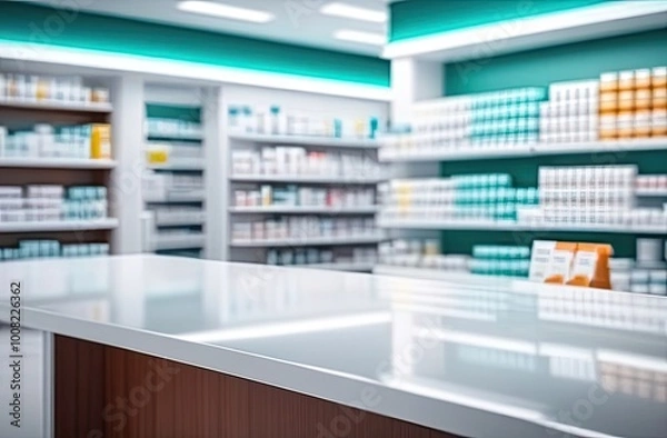 Fototapeta Empty white table with pharmacy shelves in background, product display mockup template