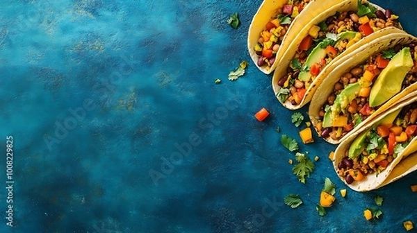 Fototapeta Vibrant vegan tacos filled with avocado, beans, and salsa on a blue surface. Extra space for adding text for advertising purposes.