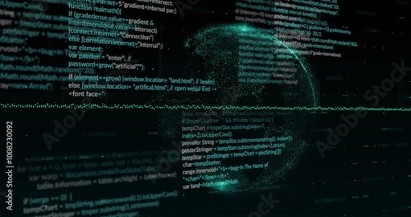 Obraz Image of data processing and diagrams over globe on black background
