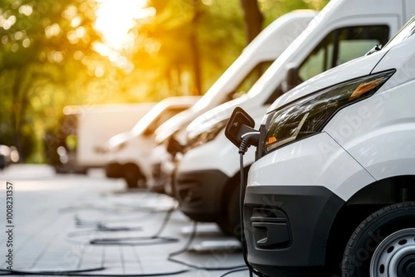 Fototapeta Row of white electric vans connected to chargers, focus on sustainable fleet management and green transportation infrastructure