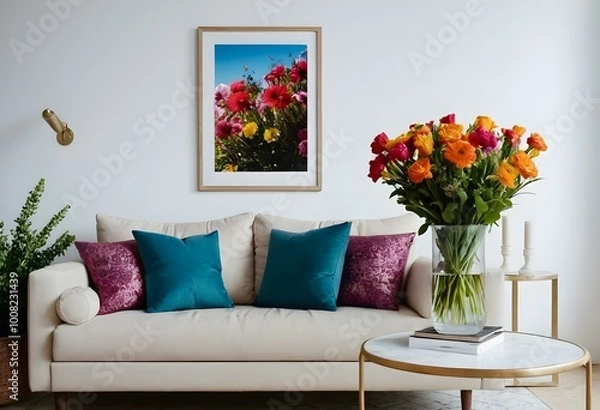 Fototapeta Stylish sofa setup with bold cushions and fresh flowers