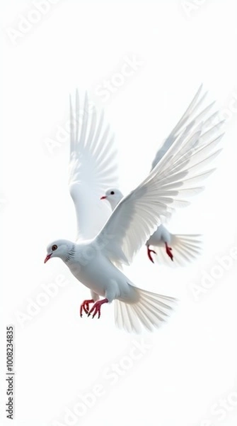Obraz Macro close-up of two pigeons flying on white background