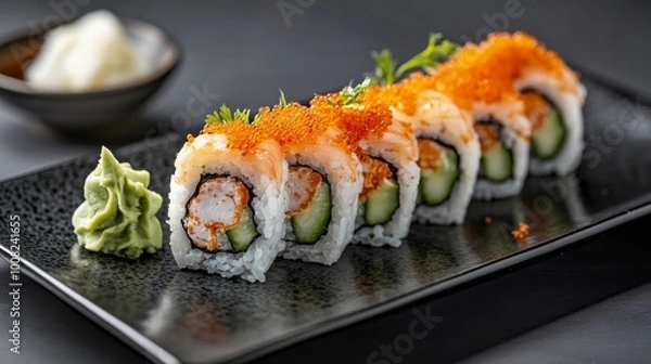 Fototapeta Maki rolls with cucumber and shrimp tempura arranged for a modern sushi banner