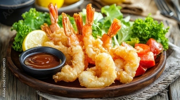 Fototapeta Golden-brown tempura shrimp and vegetable platter with a side of dipping sauce