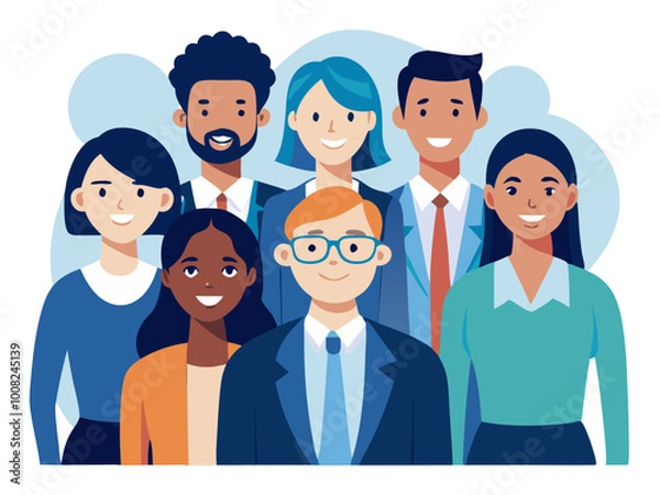 Fototapeta Diverse team of business professionals at a conference with smiling employees and businesswomen modern flat design simple vector illustration isolated transparent background