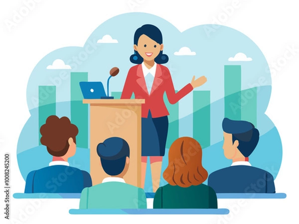 Fototapeta Business woman speaking at a business event with colleagues modern flat design simple vector illustration isolated transparent background