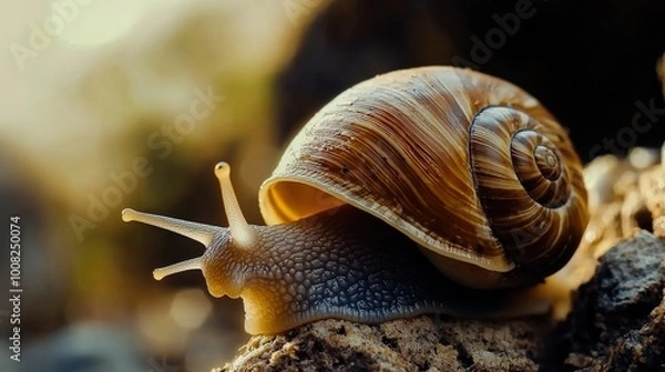 Fototapeta A close-up of a small snail, highlighting its delicate shell and intricate details. The soft lighting emphasizes the snail's texture, capturing the quiet beauty of this tiny creature