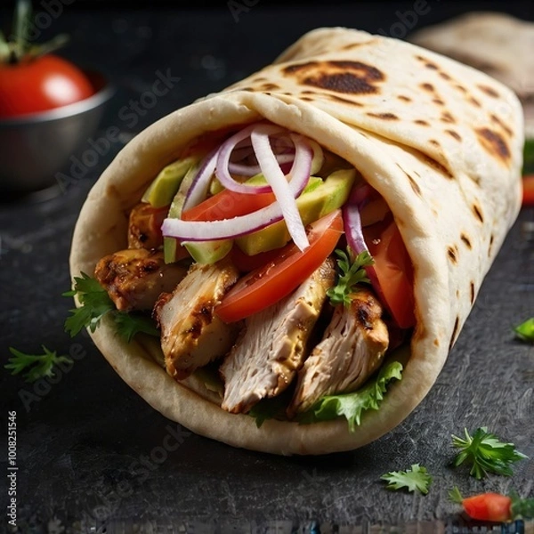 Fototapeta Yummy tasty shawarma gyros with chicken in pita bread. Food template for business. Dark food photo. Modern street food.	