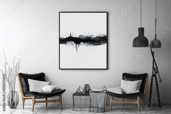 Fototapeta  black and white painting hangs on the wall of a living room. The painting is a large, abstract piece that covers the entire wall. The room is furnished with a couch and a chair