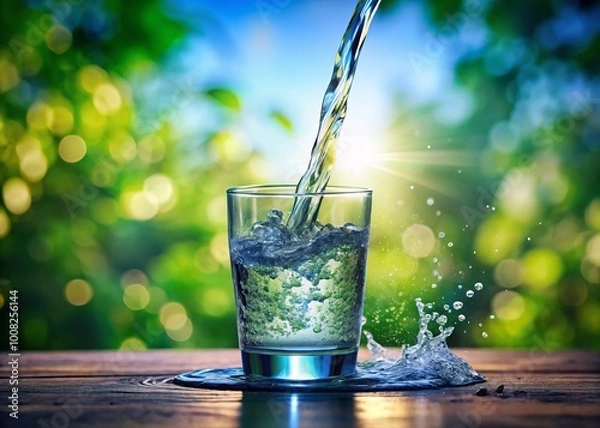 Fototapeta Refreshing Hydration: Close-Up of Water Being Poured into a Clear Glass on a Bright Background