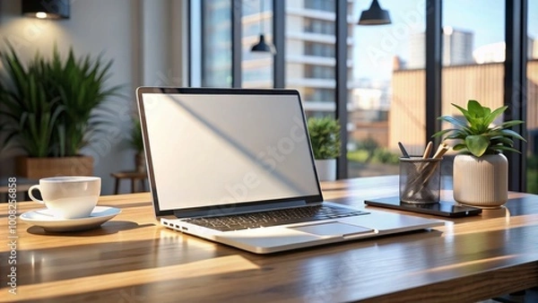 Fototapeta Minimalist laptop resting on a chic table, ideal for tackling tasks or creative endeavors. A thoughtfully designed