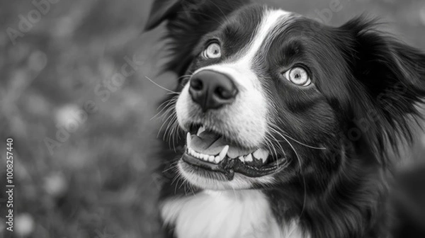 Fototapeta A black and white close-up portrait of a happy border collie dog with its mouth open, showing its teeth, and looking up at the camera.